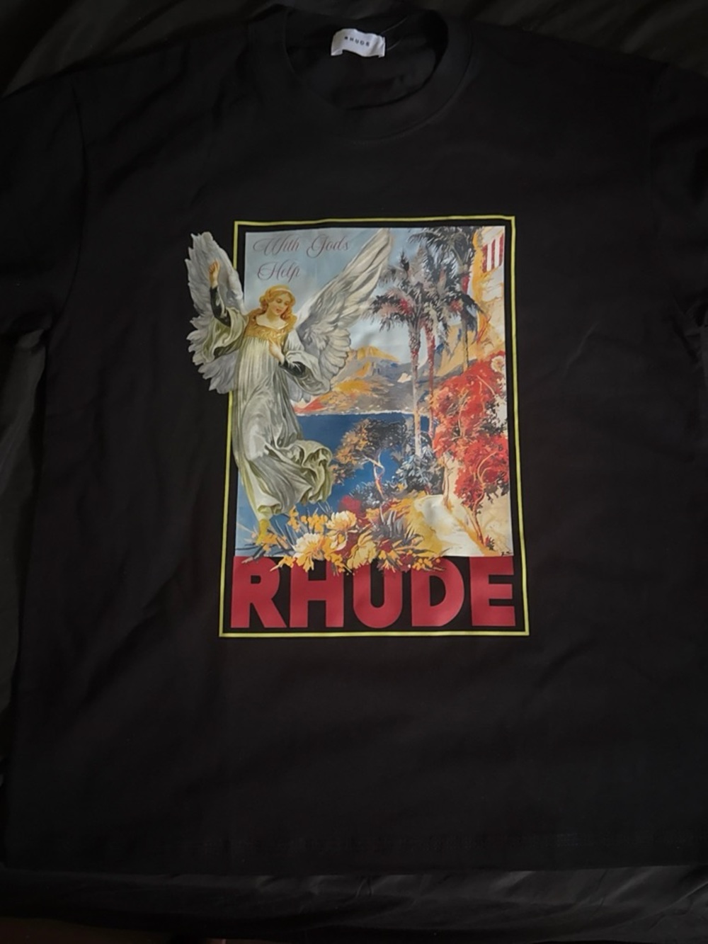 Rhude Black Tee with Multicolor Angel Scenic Graphic
